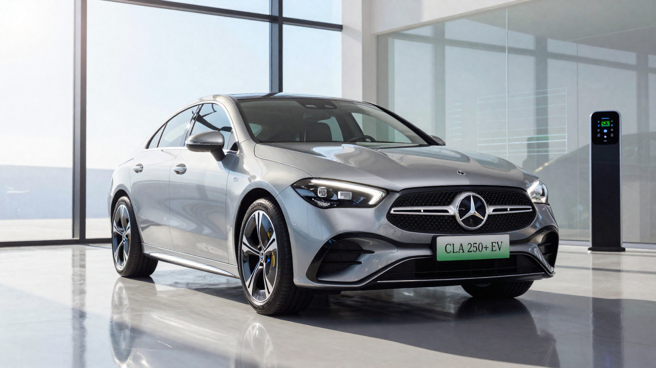 Carro elétrico Mercedes-Benz CLA 250+ EV prateado estacionado em ambiente moderno com carregador ao fundo.