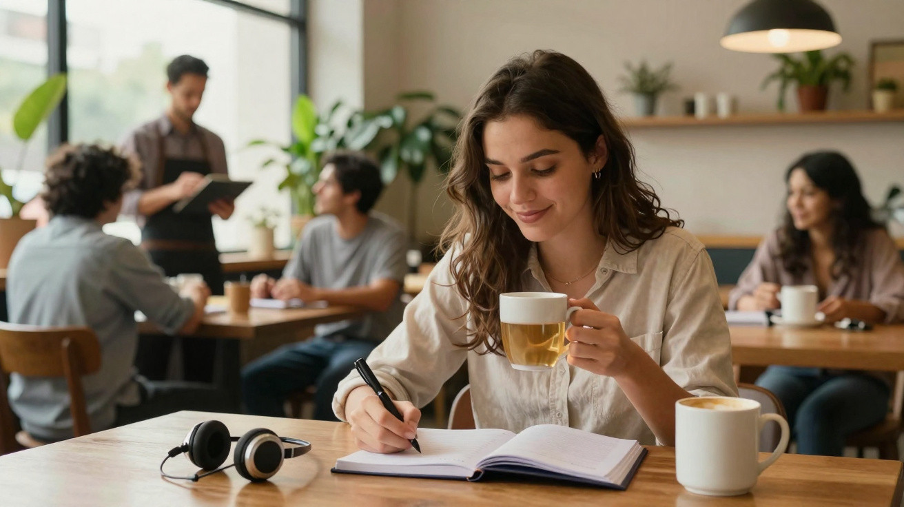 Mulher sorridente escrevendo em caderno e tomando chá sentado em mesa de cafeteria com outras pessoas ao fundo.