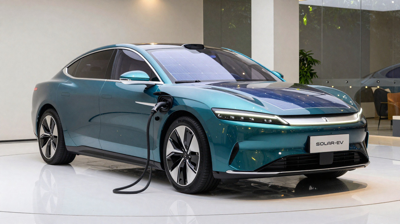 Carro elétrico azul com painéis solares no teto carregando em estação interna.