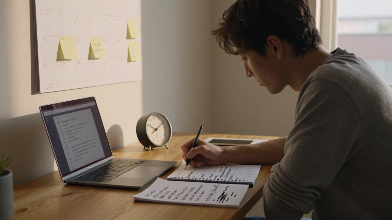 Jovem concentrado escrevendo em caderno com laptop, relógio e calendário na parede em ambiente iluminado.
