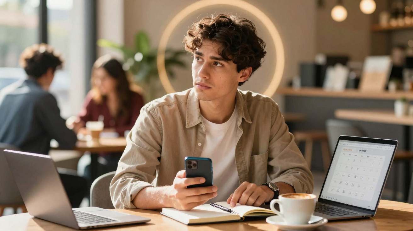 Jovem sentado em mesa de café com celular, notebook, caderno e café, olhando para o lado pensativo.
