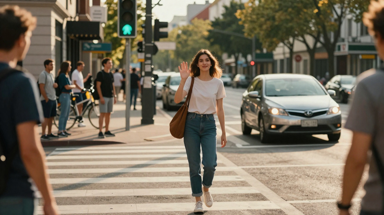 Mulher jovem atravessa faixa de pedestres com semáforo verde enquanto acena, em rua movimentada da cidade.