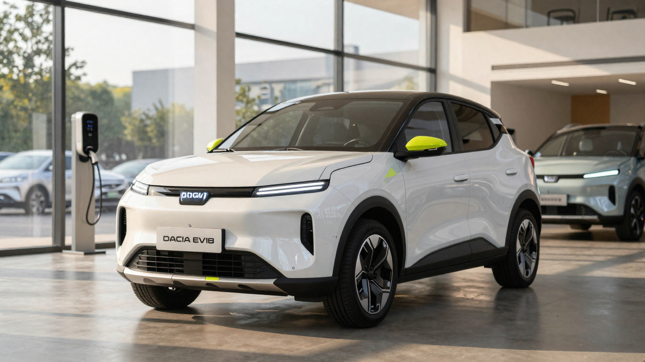 Carro elétrico branco Dacia EV1B com detalhes em verde em showroom moderno com carregador ao lado.