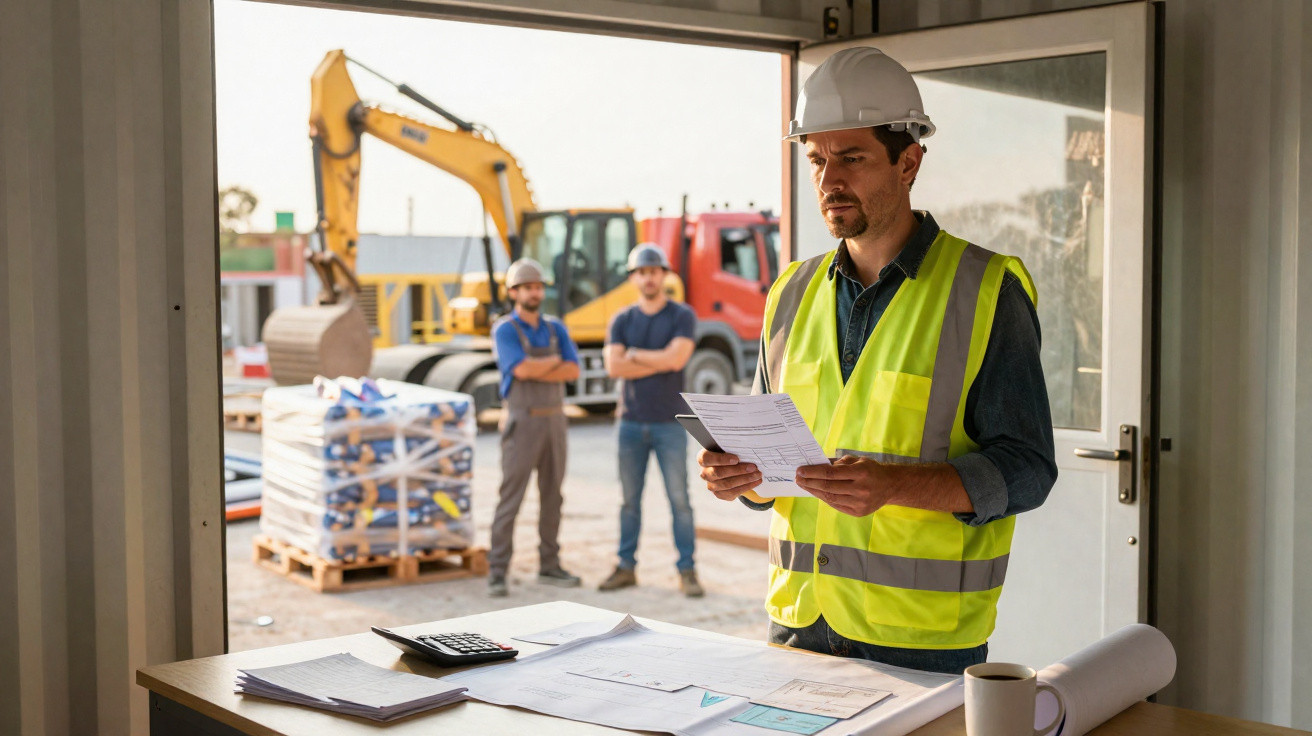 Homem com colete e capacete revisa documentos em canteiro de obras com máquinas e trabalhadores ao fundo.