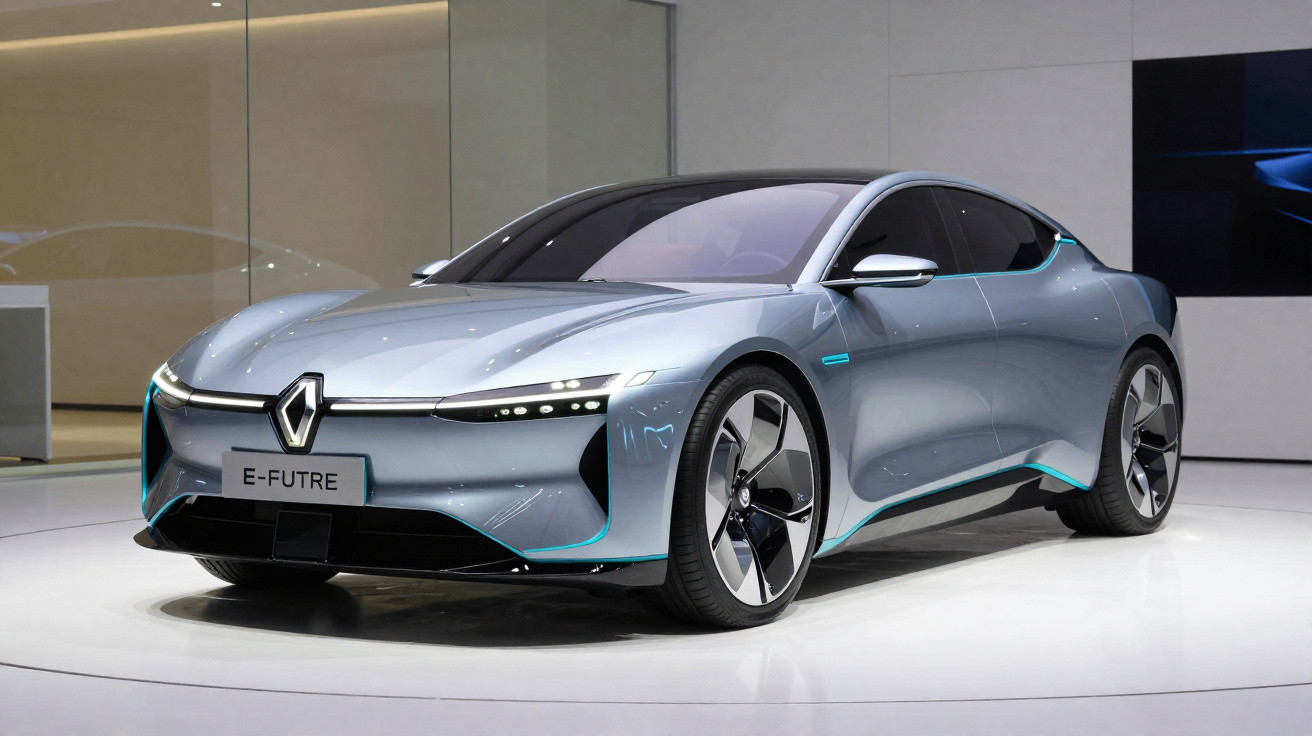 Carro elétrico conceitual prata Renault E-Futre exposto em ambiente interno moderno e iluminado.