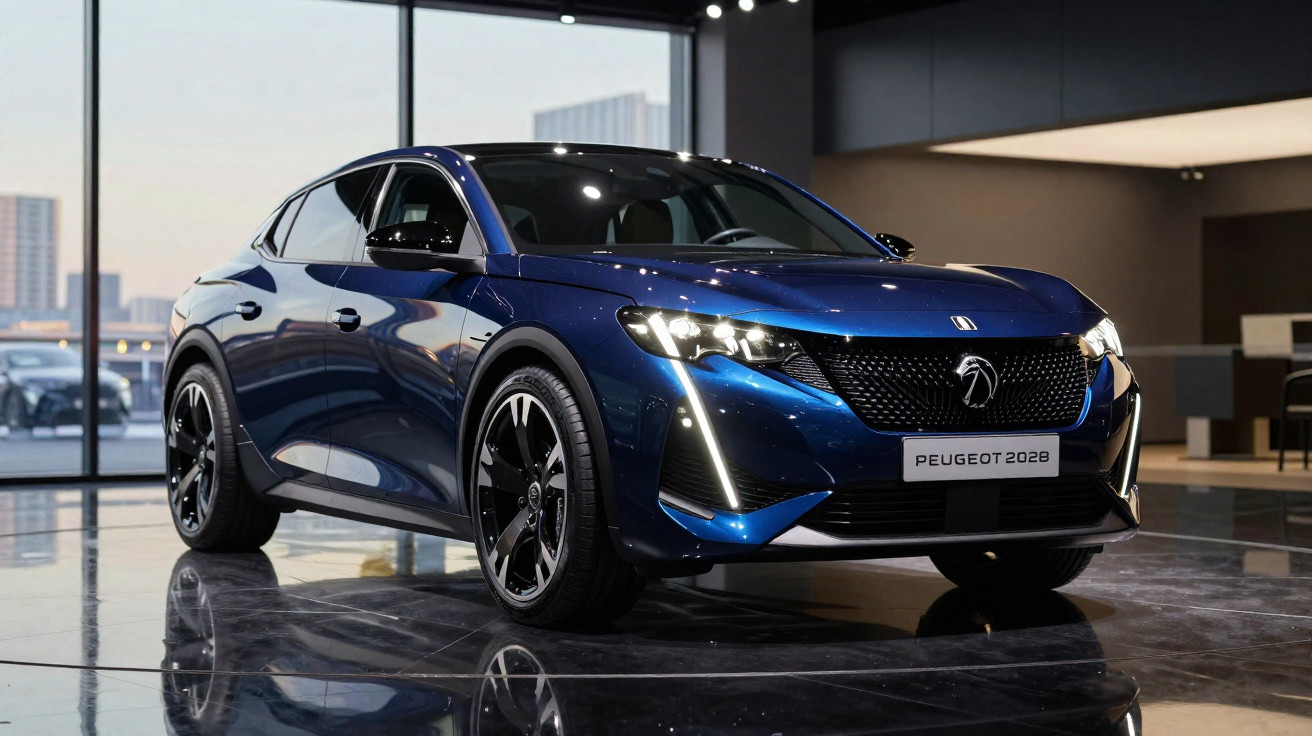 Carro elétrico azul Peugeot 2028 exibido em salão moderno com iluminação interna.