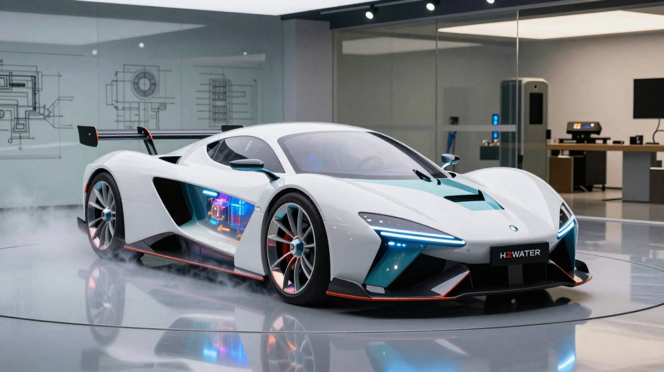 Carro esportivo branco futurista com efeitos de luz azul em exibição em ambiente moderno com vidro e reflexos no chão.