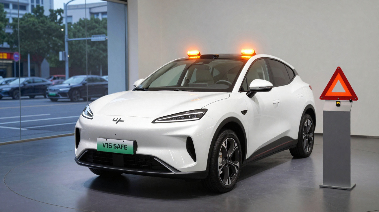 Carro elétrico branco com luzes de alerta no teto e triângulo de sinalização vermelho ao lado.