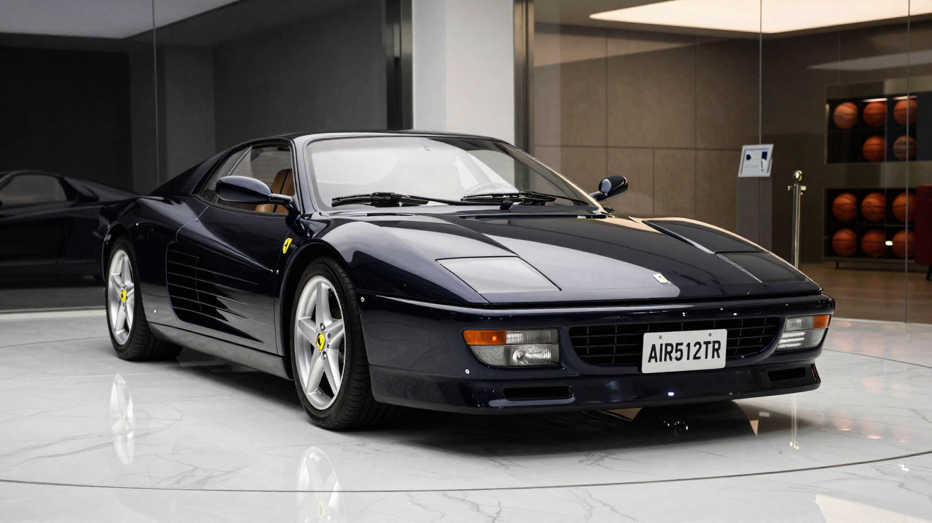 Carro esportivo Ferrari preta estacionada em ambiente interno com piso branco e paredes de vidro.