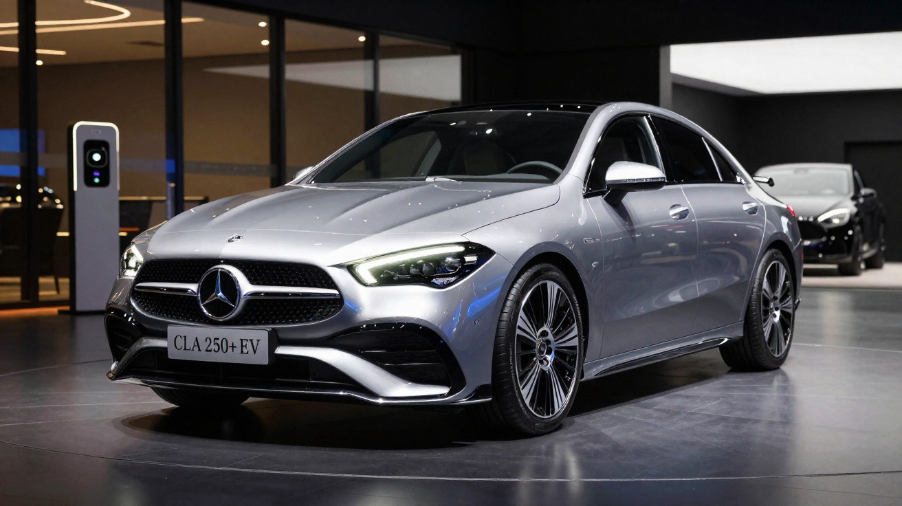 Carro elétrico Mercedes-Benz CLA 250+ EV cinza prata exibido em showroom moderno com pedestal de carregamento.