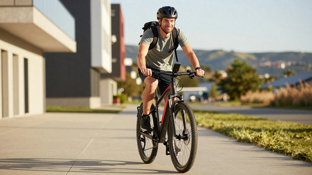 Homem com capacete e mochila andando de bicicleta em ciclovia urbana ensolarada.