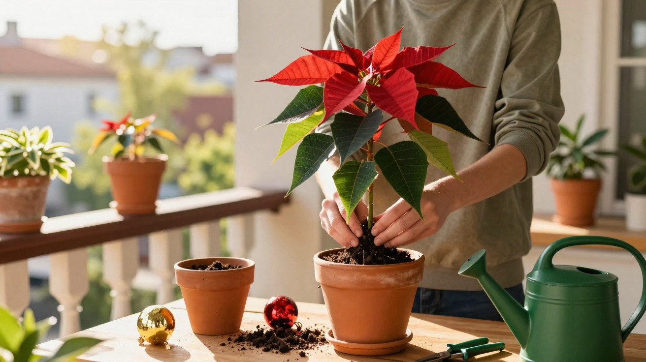 Pessoa cuidando de uma planta de flor de Natal em vaso de barro em uma varanda ensolarada.