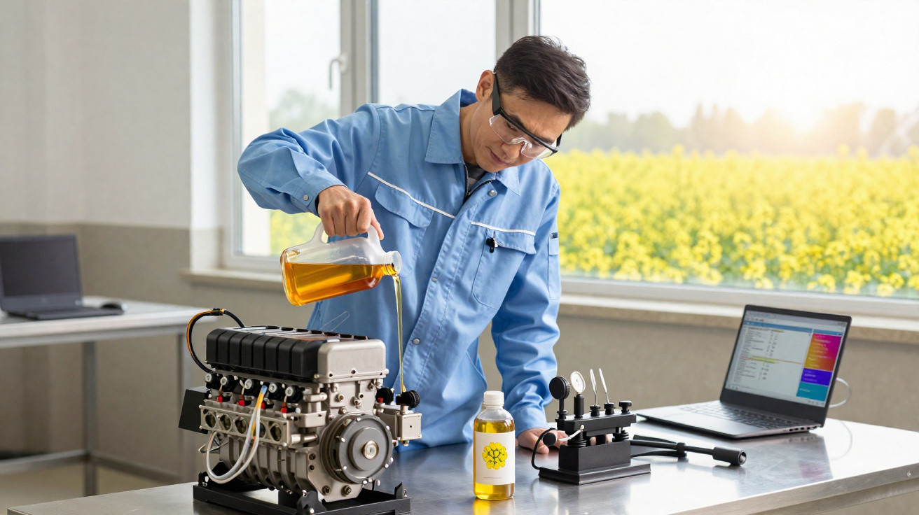 Homem em jaleco azul despejando óleo em motor durante teste em laboratório com laptop ao lado.