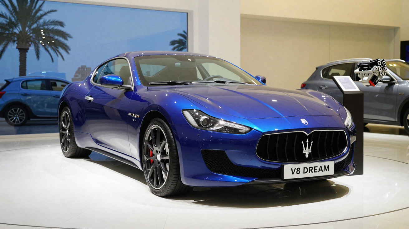 Carro esportivo azul Maserati V8 Dream exposto em showroom com piso branco e vidros ao fundo.