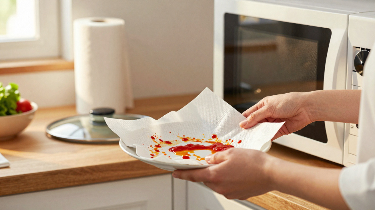 Mãos segurando prato com papel toalha cheio de molho vermelho em cozinha perto de micro-ondas.