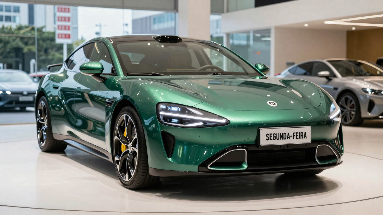 Carro esportivo verde metálico exposto em showroom com placa escrita SEGUNDA-FEIRA.