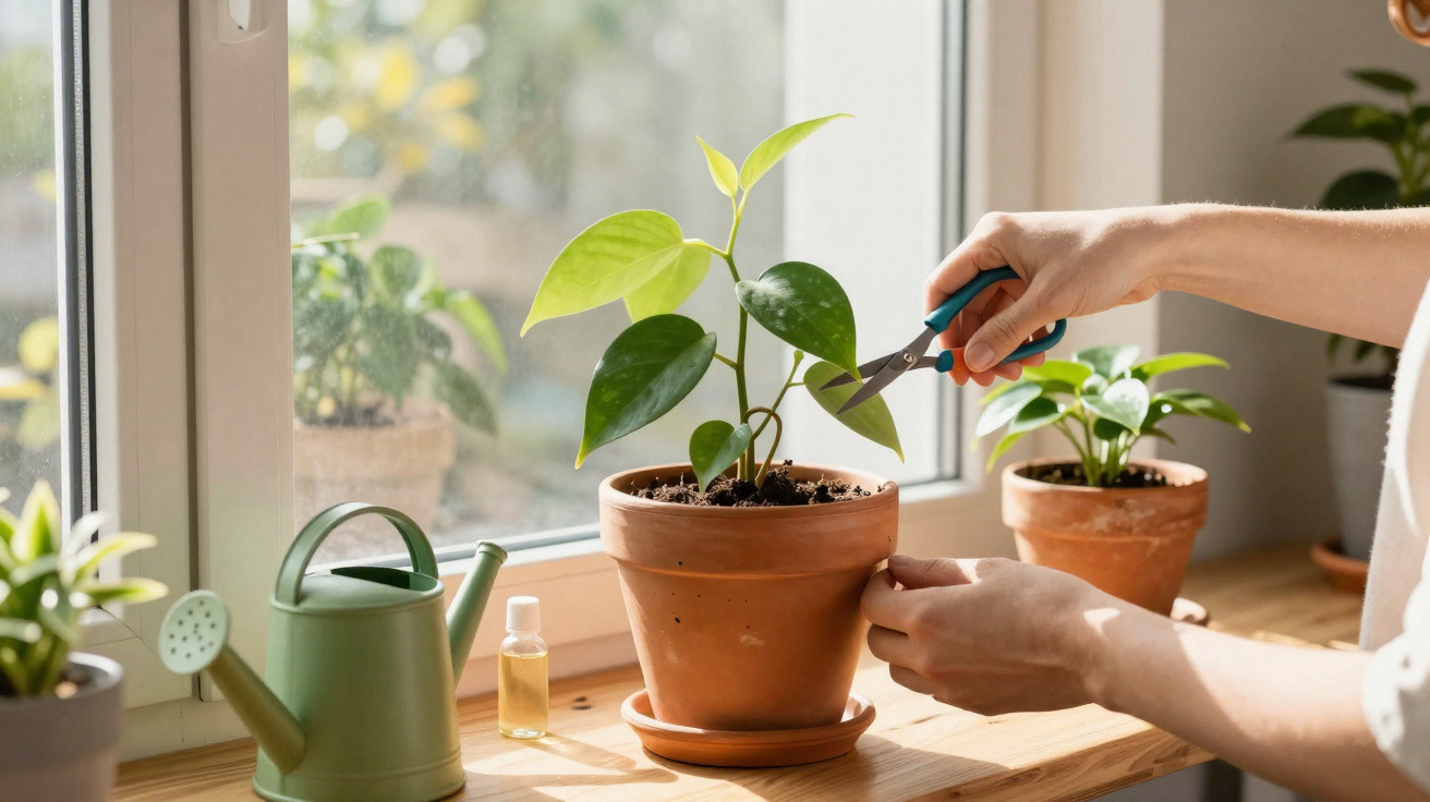 Mãos podando planta em vaso de barro próximo à janela com regador e óleo ao lado.