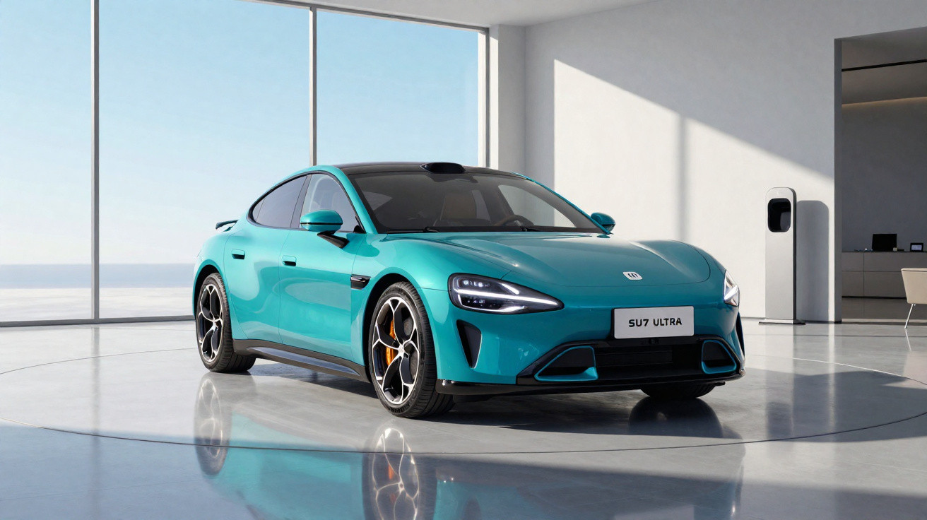 Carro elétrico esportivo azul em ambiente interno moderno com carregador ao fundo.