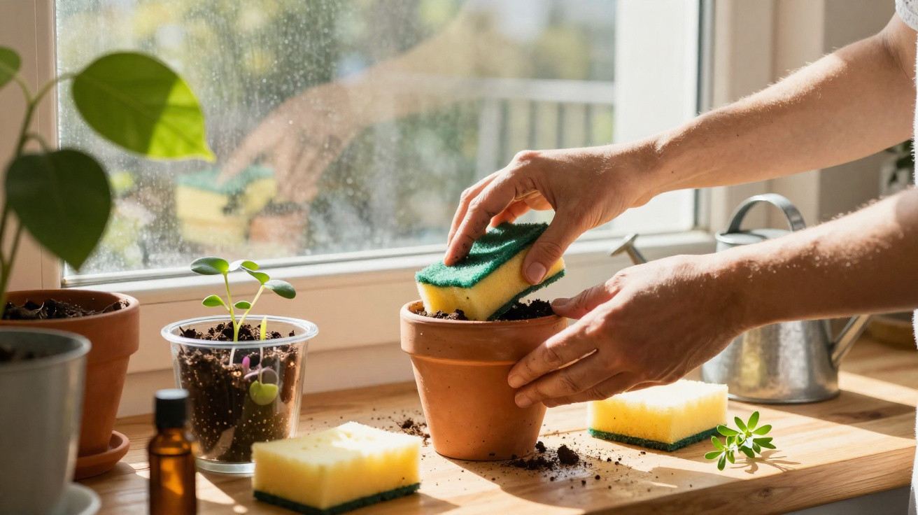 Mãos limpando um vaso de barro com uma esponja ao lado de plantas em um peitoril de janela ensolarado.
