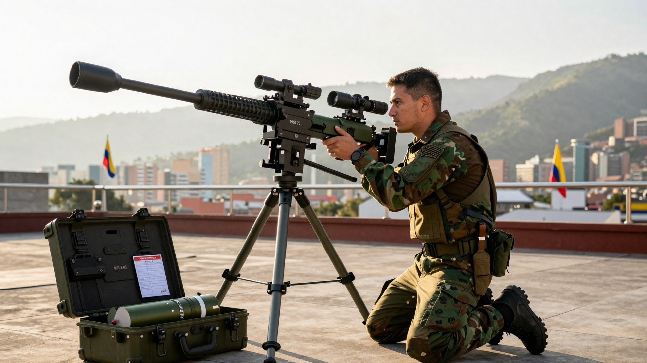 Soldado em uniforme camuflado ajoelhado mirando com rifle de precisão montado em tripé em área urbana.