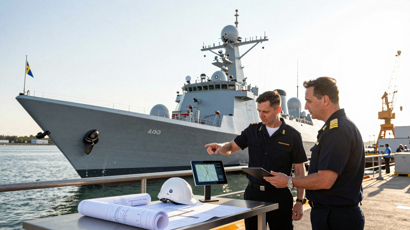 Dois oficiais navais discutem planos em mesa com casco de navio de guerra ao fundo no porto.