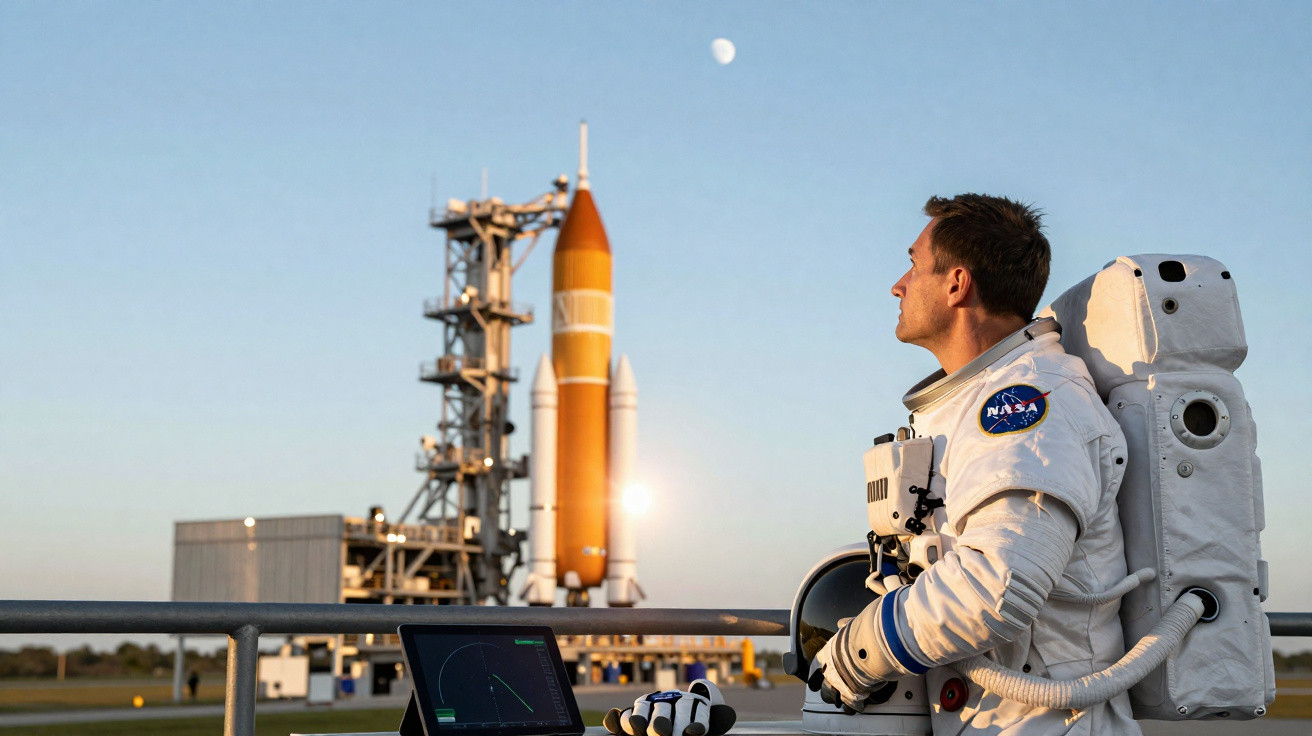 Astronauta da NASA olhando para foguete na plataforma de lançamento ao amanhecer.