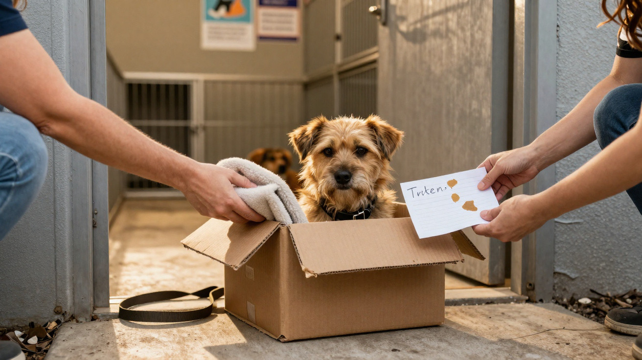 Cachorro dentro de caixa de papelão sendo acolhido por duas pessoas em abrigo animal.