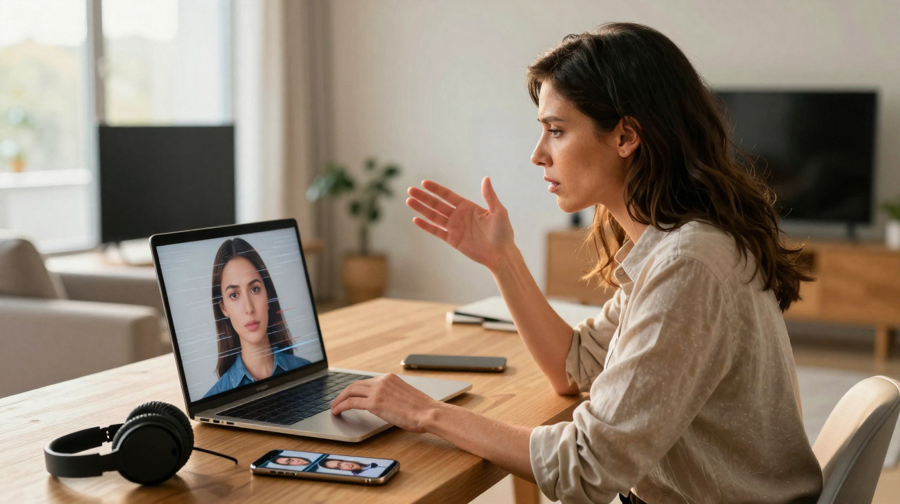 Mulher participando de videoconferência em laptop, com smartphone e fones de ouvido sobre mesa de madeira.