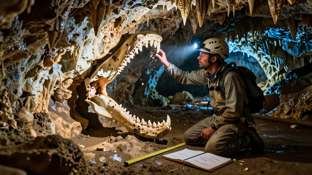 Explorador em caverna observa mandíbula de crocodilo fossilizada enquanto registra dados em caderno.