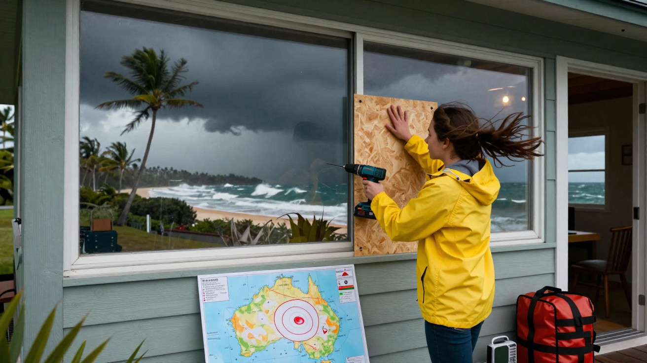 Mulher em jaqueta amarela fecha janela com tábuas antes de tempestade na praia.
