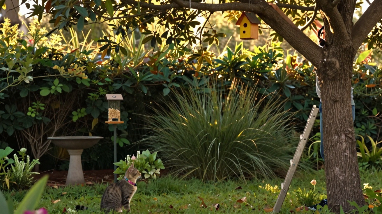 Gato observando comedouro de pássaros em jardim com árvore, casinha de passarinho e escada ao entardecer.