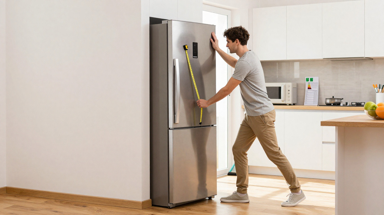Homem medindo a altura de uma geladeira inox em cozinha moderna com fita métrica amarela.