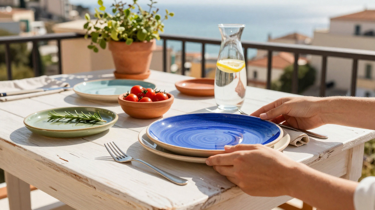 Mesa branca com pratos coloridos, garrafa com água e limão, tomate-cereja, ervas, e mãos arrumando o prato.