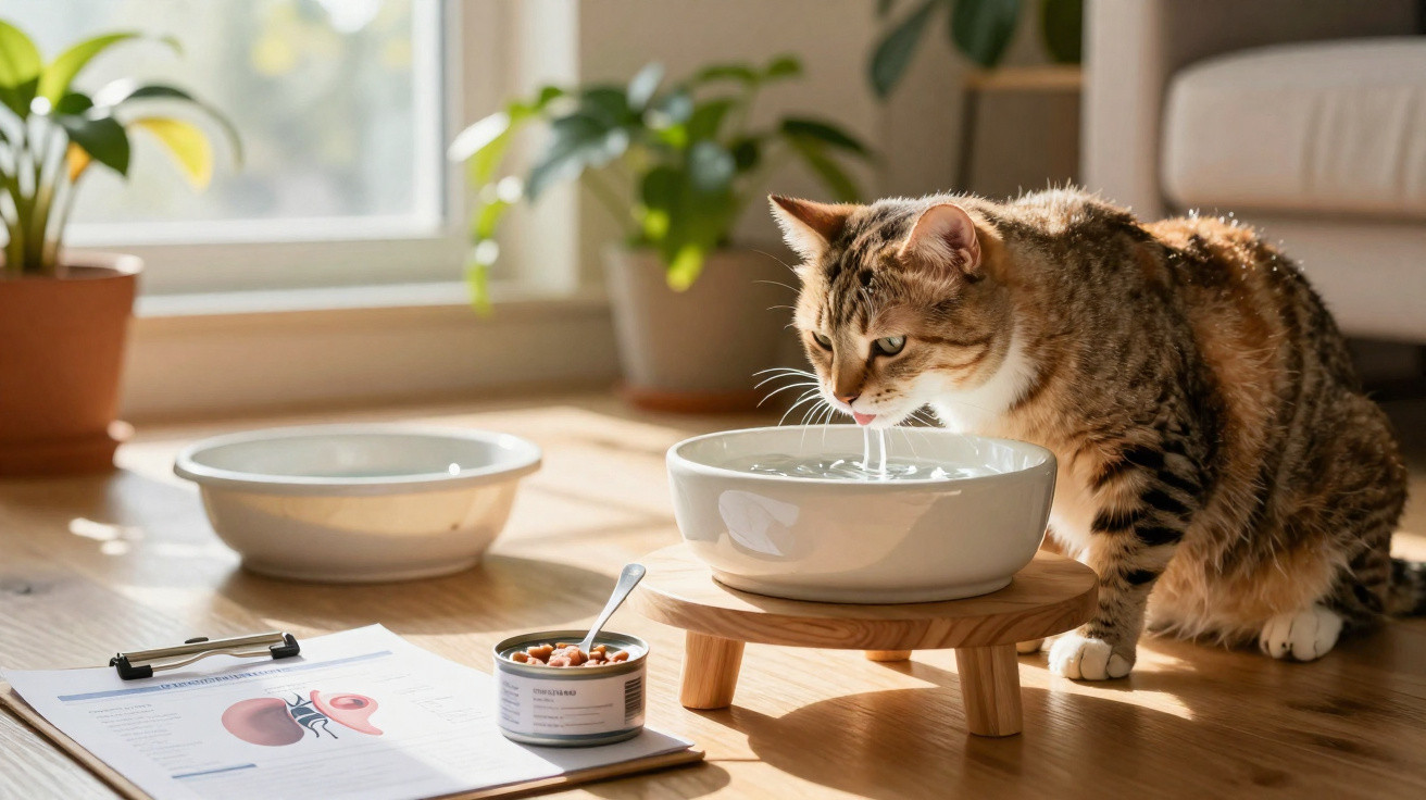 Gato bebendo água em tigela elevada, com ração e plantas ao fundo em ambiente ensolarado.