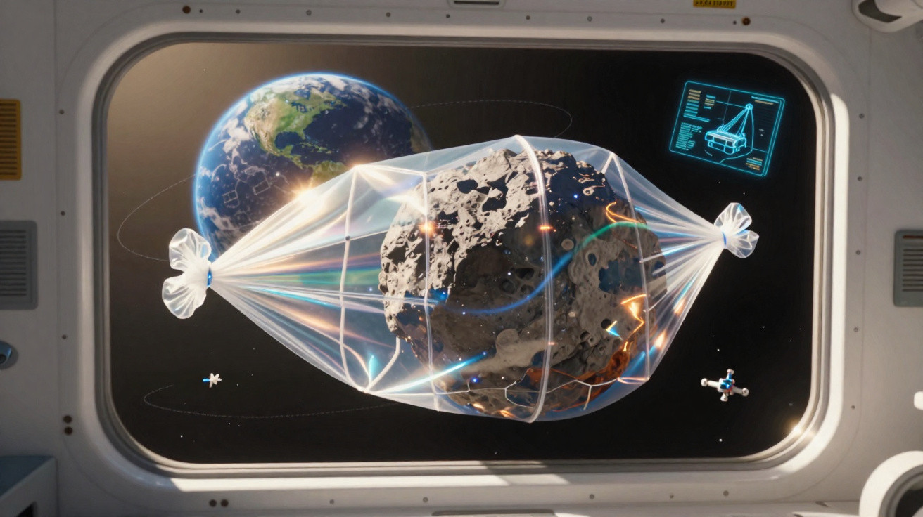 Simulação espacial de um asteroide protegido por uma barreira transparente, com a Terra ao fundo vista por uma janela.