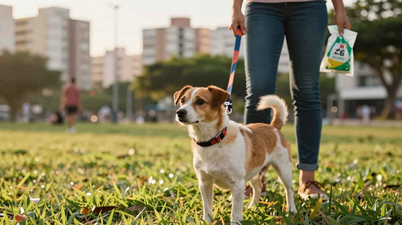 Pessoa passeando com cachorro branco e marrom em área verde de parque urbano ao entardecer