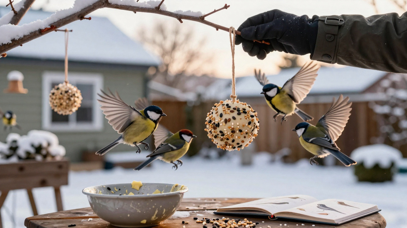 Pássaros voando em um jardim de inverno ao redor de bolas de sementes penduradas em galho coberto de neve.