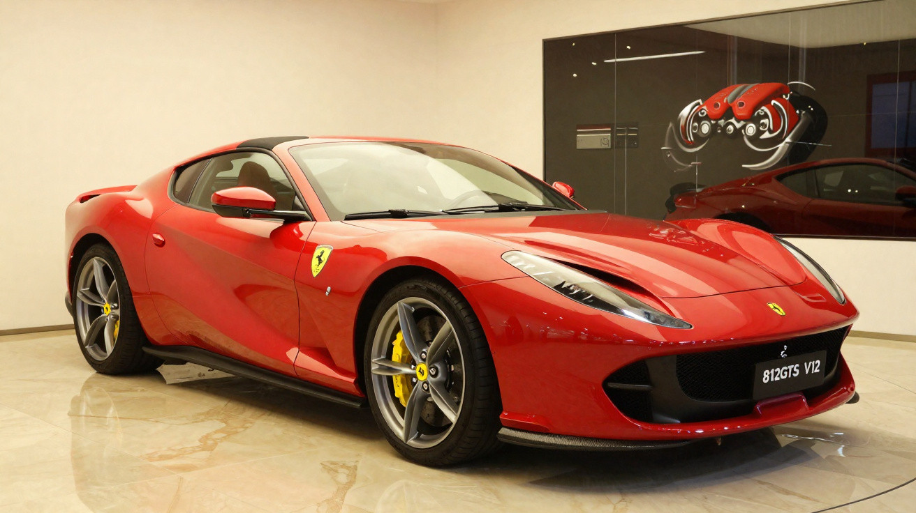Carro esportivo Ferrari 812 GTS vermelho exibido em showroom com piso de mármore e parede clara.