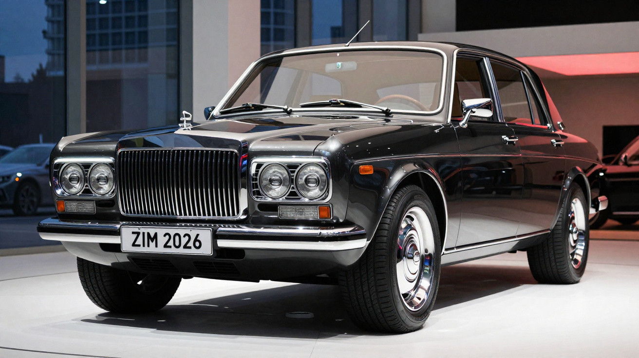 Carro clássico preto com faróis duplos circulares e grade frontal ampla exibido em ambiente interno moderno.