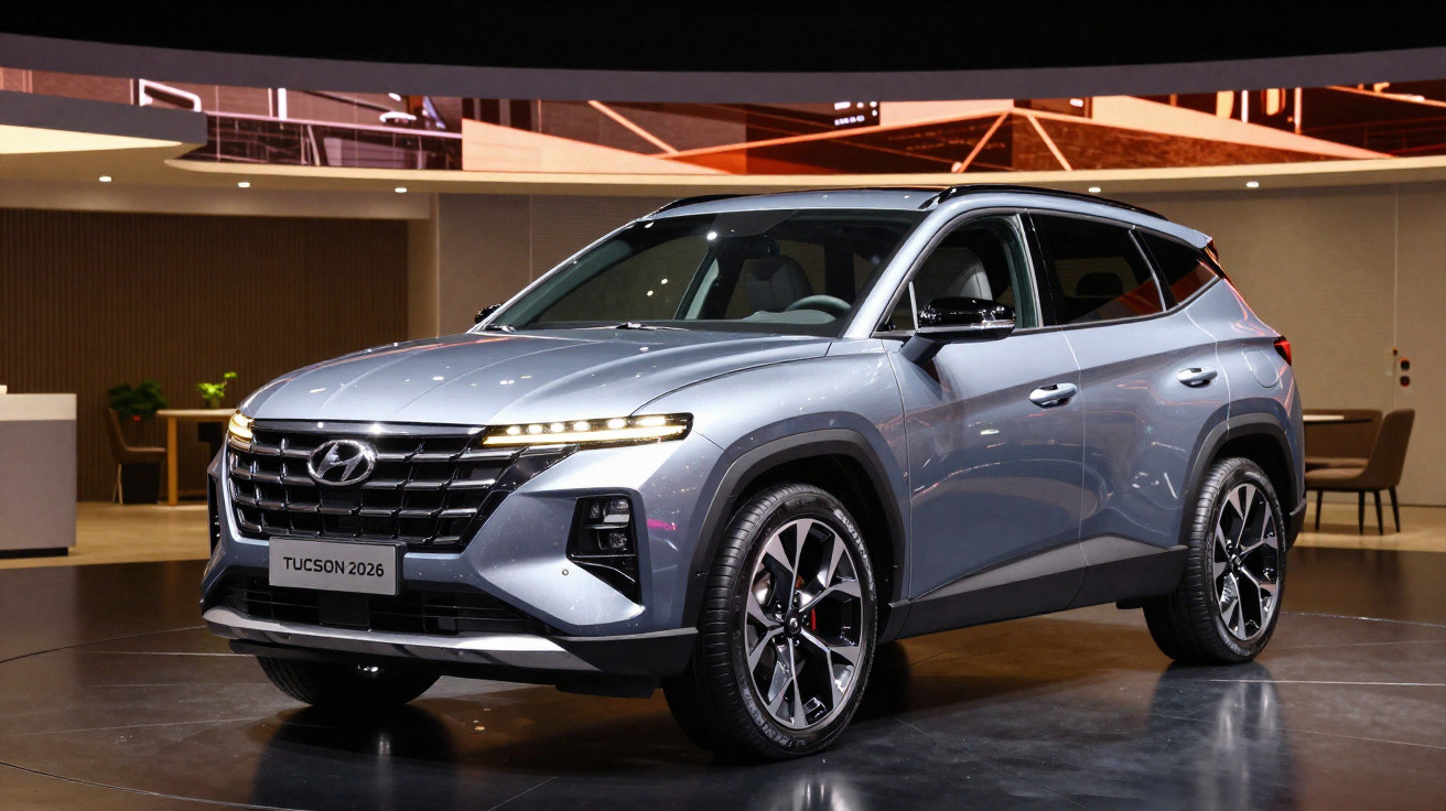 SUV cinza Hyundai Tucson 2026 exibido em ambiente interno moderno com iluminação ambiente.