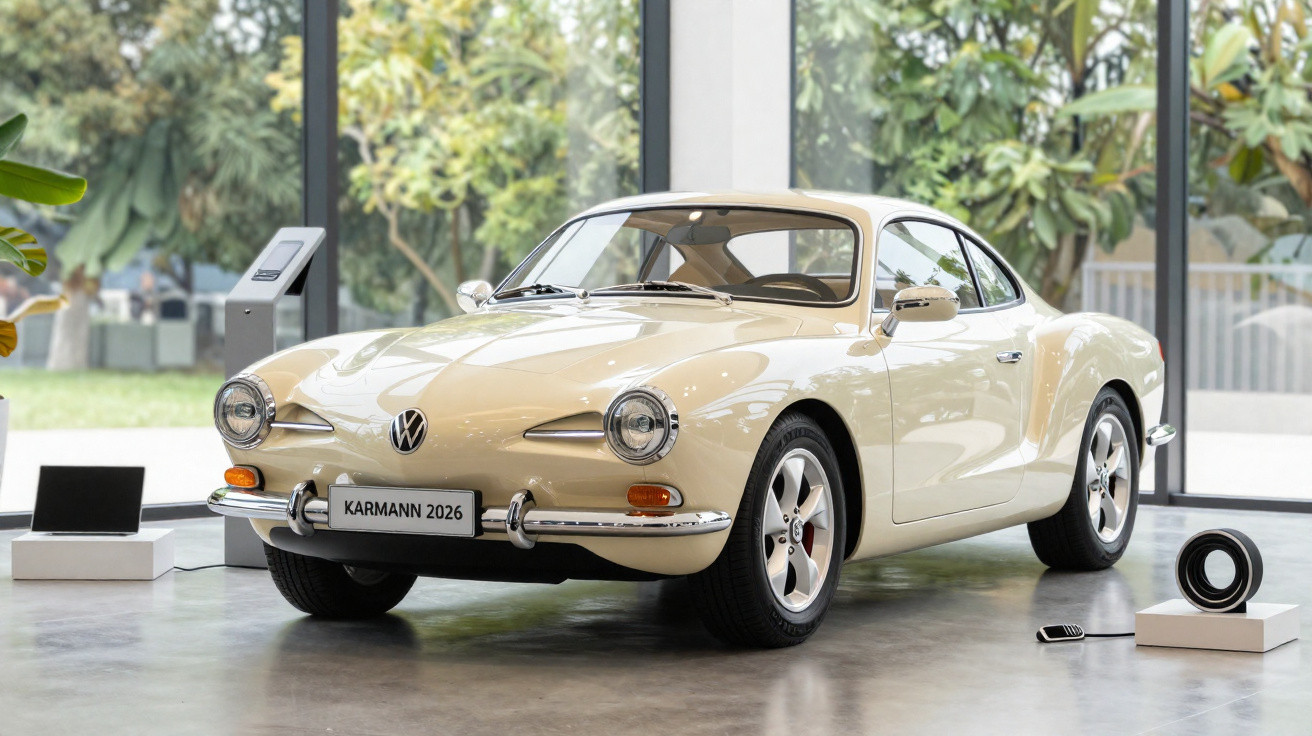 Carro clássico Volkswagen Karmann 2026 bege exibido em salão com grande janela e plantas ao fundo.