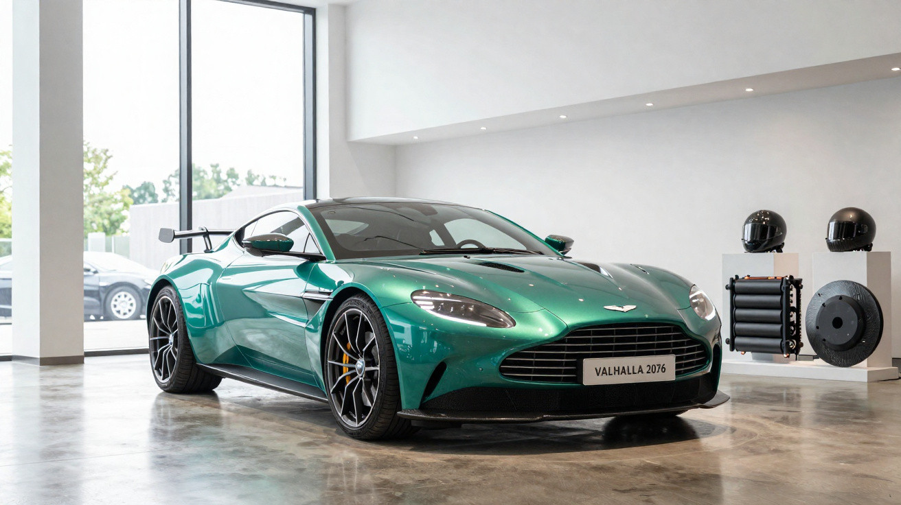 Carro esportivo verde metálico com placa Valhalla 2076 exibido em ambiente moderno e iluminado.
