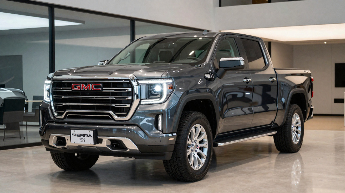 Picape GMC Sierra 2023 cinza estacionada em ambiente interno moderno e iluminado.