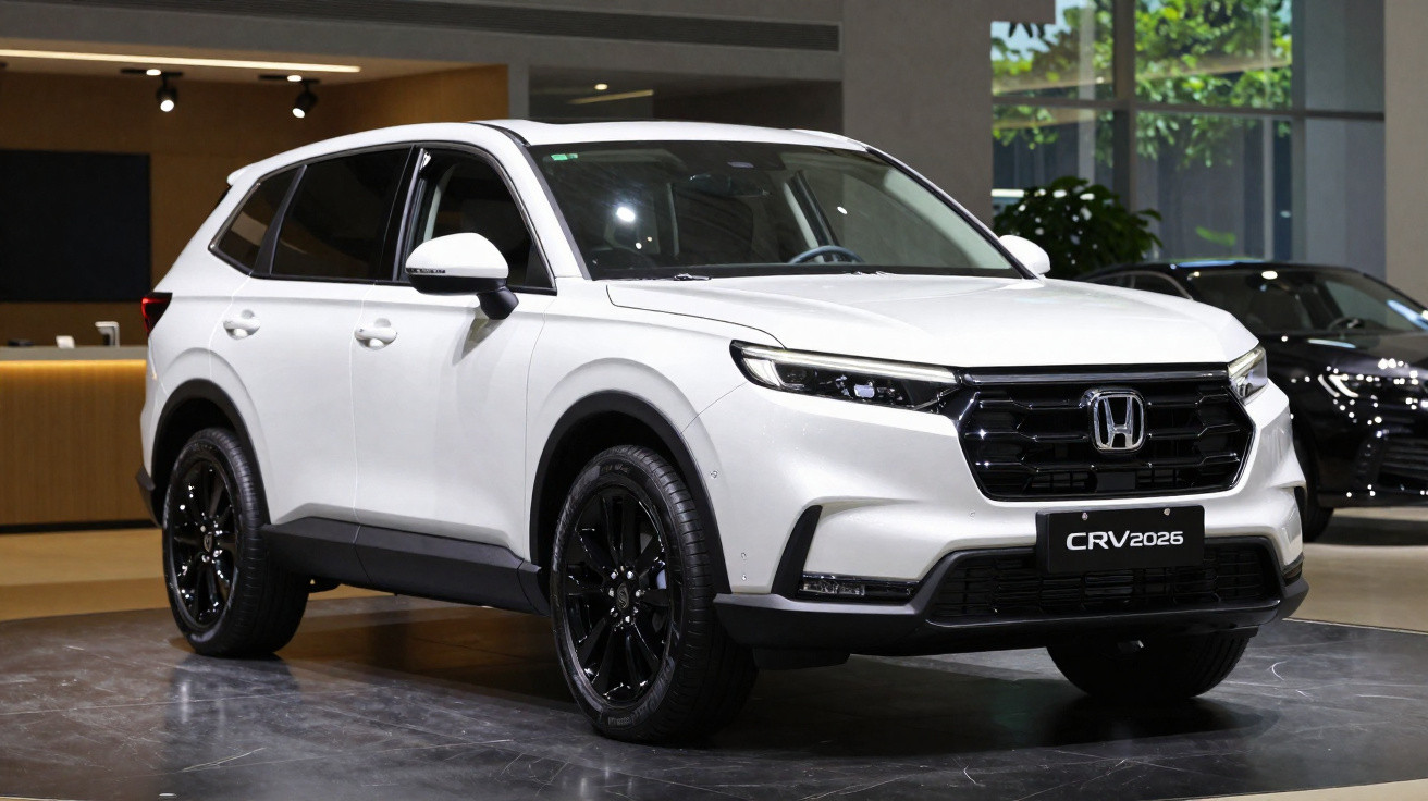 SUV Honda CR-V 2026 branco em exposição, com rodas pretas e design moderno.