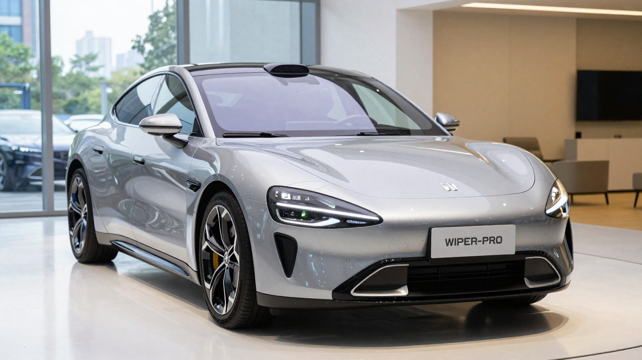 Carro elétrico prata Wiper-Pro em exposição com design moderno e aerodinâmico.