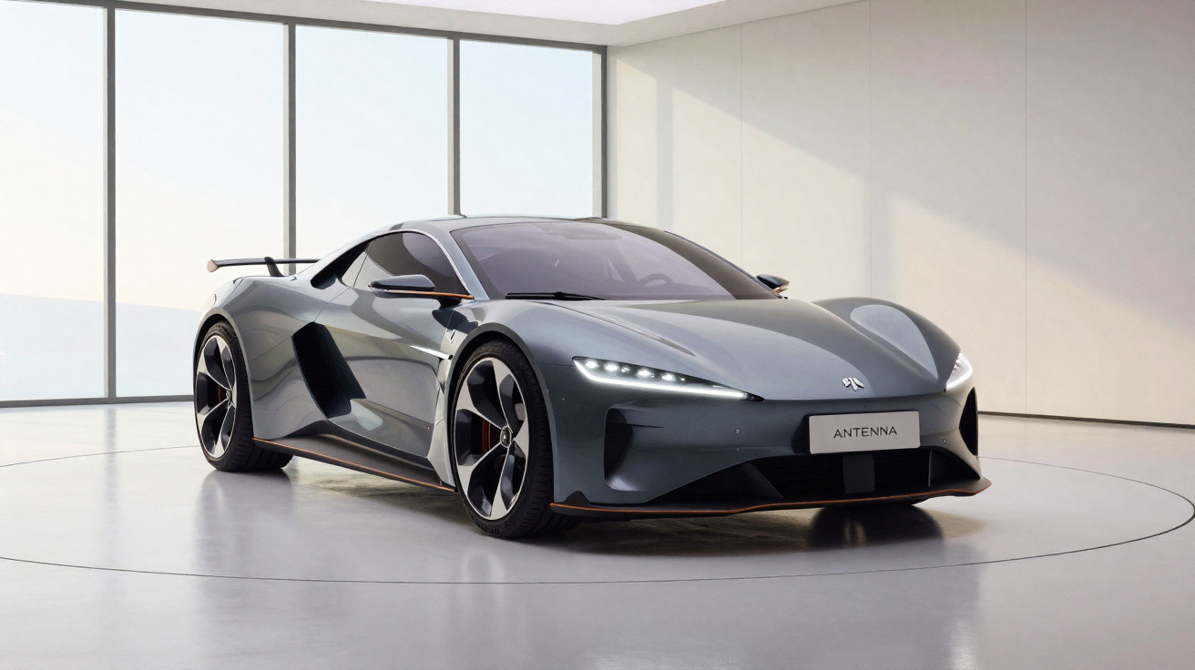 Carro esportivo cinza futurista em ambiente interno minimalista com janelas grandes e luz natural.