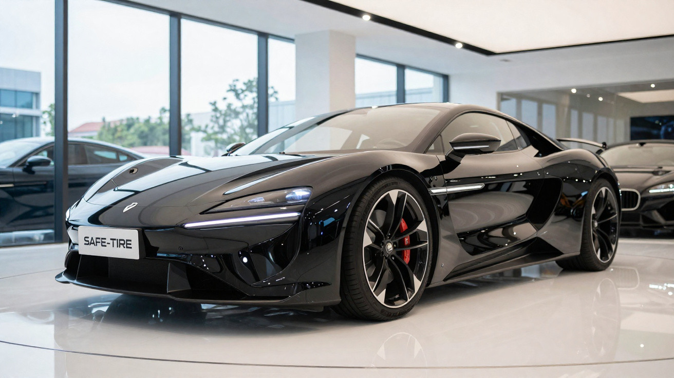 Carro esportivo preto brilhante em exposição moderna dentro de showroom com janelas amplas.
