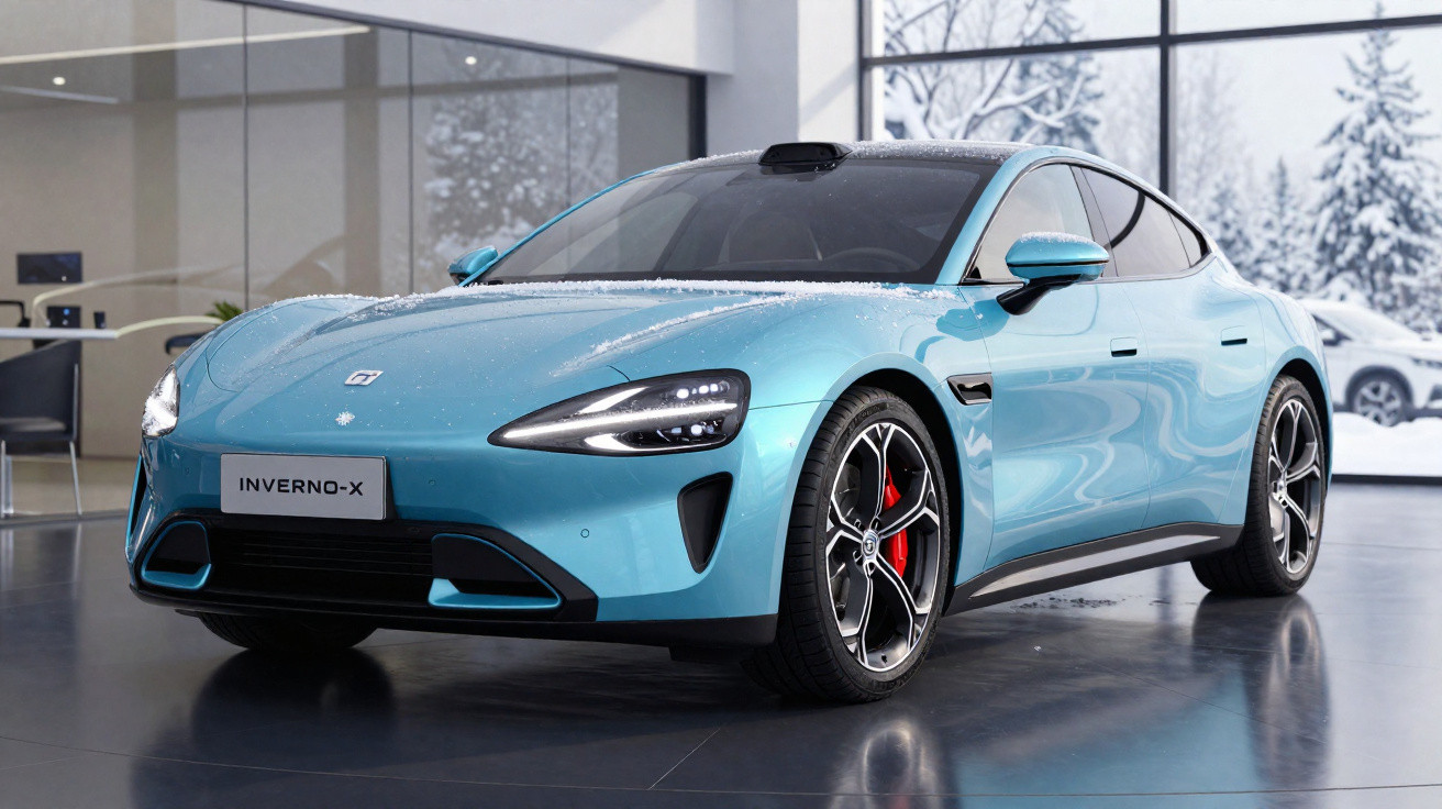 Carro esportivo azul Inverno-X estacionado em showroom moderno com janela mostrando paisagem de inverno.