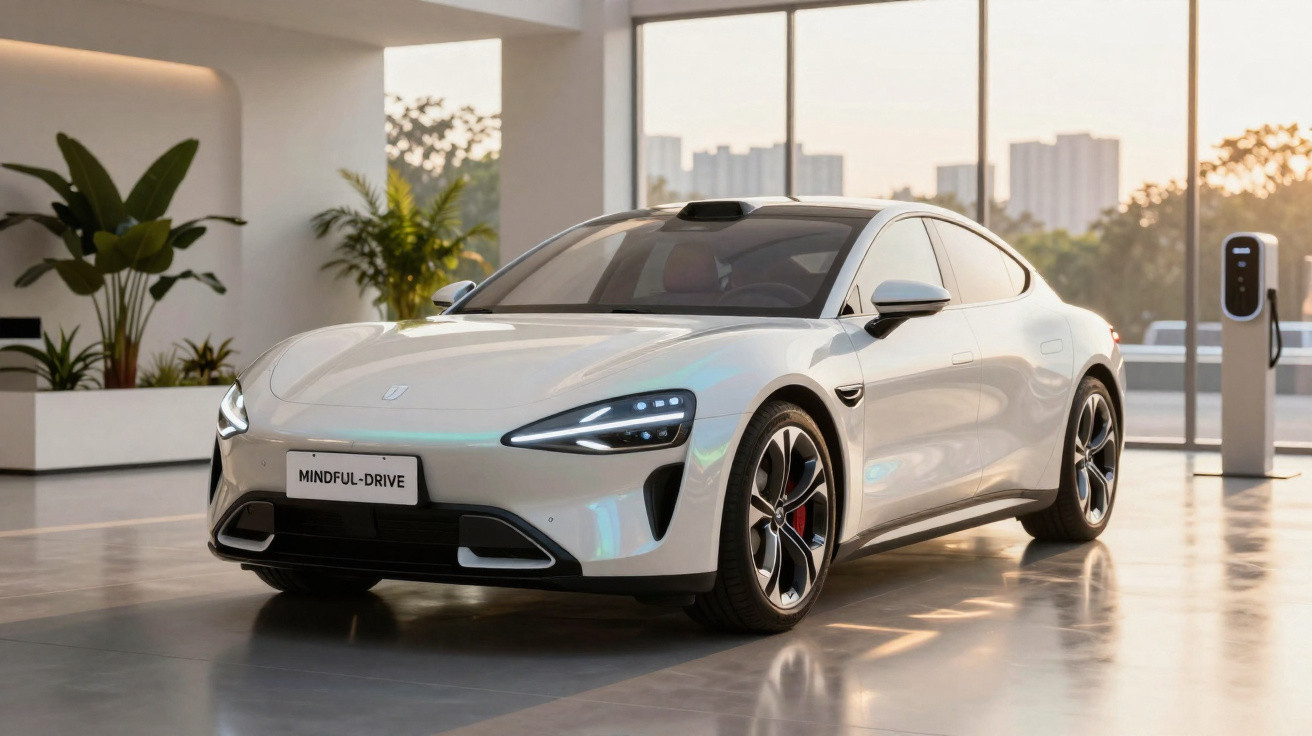 Carro elétrico branco estacionado em ambiente moderno com carregador ao fundo e plantas decorativas.
