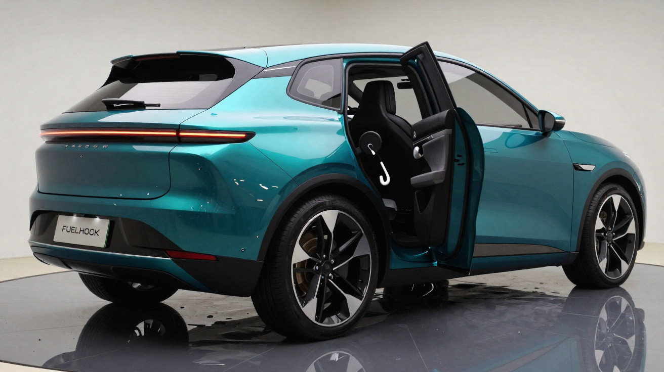 Carro elétrico azul com porta traseira direita aberta exibindo gancho para bolsa interna.